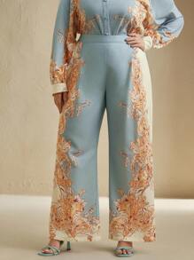 Anewsta Plus Size Women Casual Vacation Blue Printed Long Pants - Baby Blue - View 6
