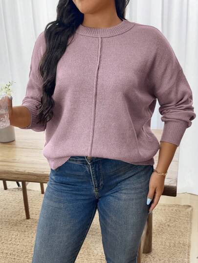 EMERY ROSE Jersey de cuello redondo suelto de manga larga en unicolor para mujer de talla grande, adecuado para primavera y otoño