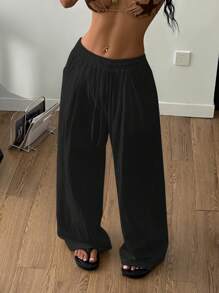 Coolane 女式夏季简约波西米亚风度假休闲基本款日常穿着亚麻舒适低腰宽松裤 - 黑色 - 查看 5