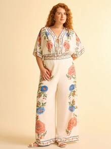 CAJUNI Pantalones rectos de pierna ancha en color albaricoque con estampado bohemio de loro y flores tropicales para mujer de talla grande, pantalones casuales de verano para la playa