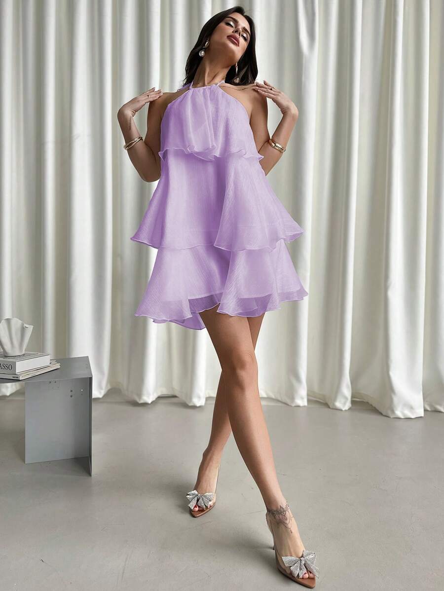 Firerie 优雅浪漫约会之夜露背多层下摆白色欧根纱挂脖 A 字连衣裙，情人节礼物