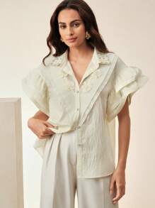 Anewsta Blouse ornée de fleurs 3D en perles de et de faux-perles avec une garniture de volants, pour l'été