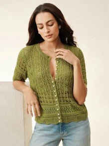 Anewsta Elegant stickad kofta med kort ärm för vår/sommar, strandkläder för kvinnor - Olivgrön - Visa 7