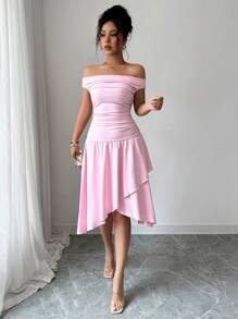 SHEIN Elenzya 1 件女式露肩收腰不对称下摆连衣裙 - 粉色 - 查看 6