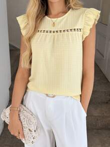 Easowa Camiseta casual de cuello redondo para mujer con bloqueo de color, volantes y color crema amarillento, para primavera/verano