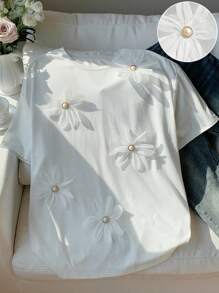 Comfortcana Summer  Dropped Shoulder Floral Decor Loose Casual T-Shirt - White - View 4