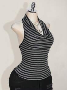 SHEIN ICON 大码垂坠领口条纹针织露背上衣，复古 Y2K 条纹垂坠领口上衣，适合返校季、毕业季、暑假、约会、日常穿着