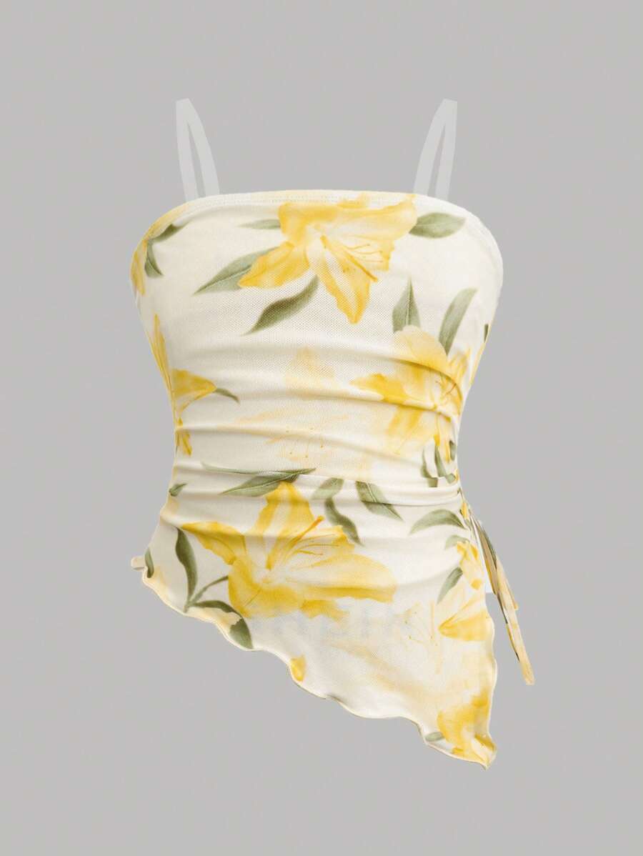 女童花卉图案褶皱不对称下摆抹胸，褶皱露肩修身款黄色全身印花，春夏 - 黃色 - 查看 1
