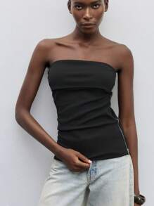 Maija 1pc Women Sleeveless Solid Black Side Zip Crop Top With Split Hem
