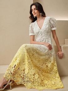 Anewsta Neues elegantes Kleid mit V-Ausschnitt, wasserlöslicher Spitze und Farbverlauf-Effekt, Sommerkleidung für Frauen, buttergelb