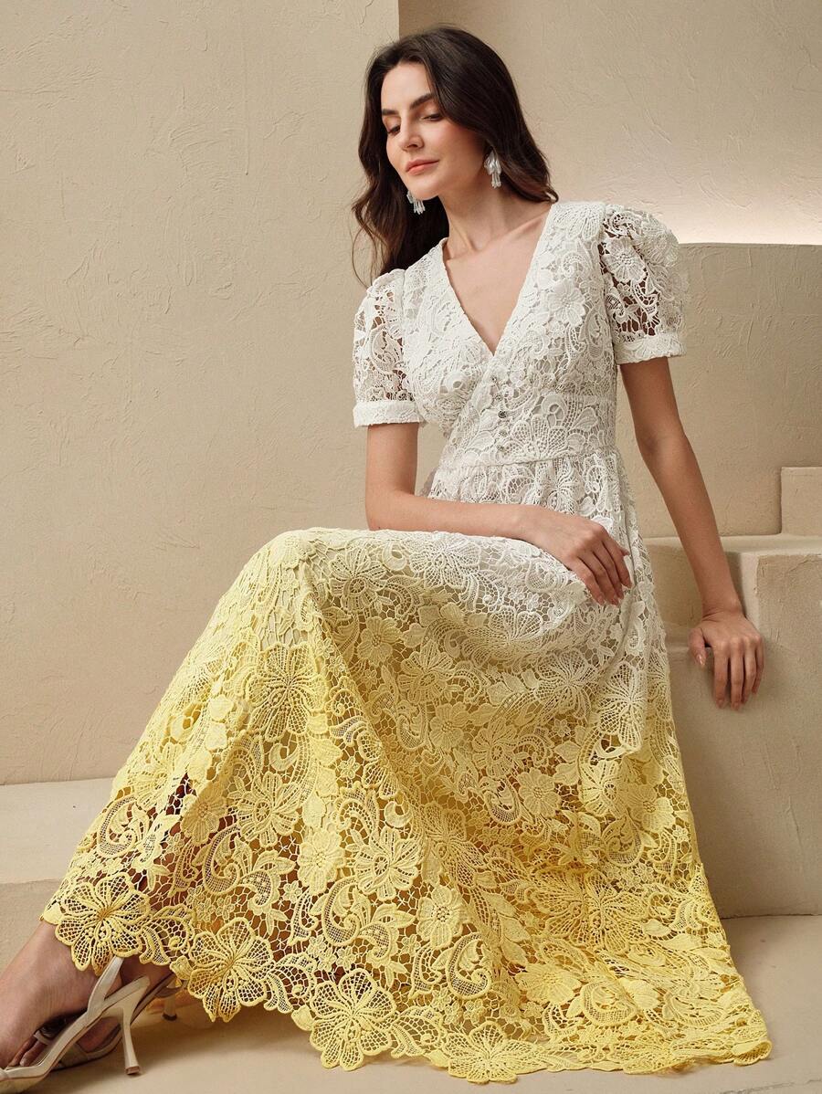 Anewsta Neues elegantes Kleid mit V-Ausschnitt, wasserlöslicher Spitze und Farbverlauf-Effekt, Sommerkleidung für Frauen, buttergelb