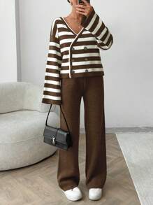 EURMUSE Women Stripe Pattern Front Button V-Neck Drop Shoulder Cardigan & Sweater Pants Set - Brown - View 5