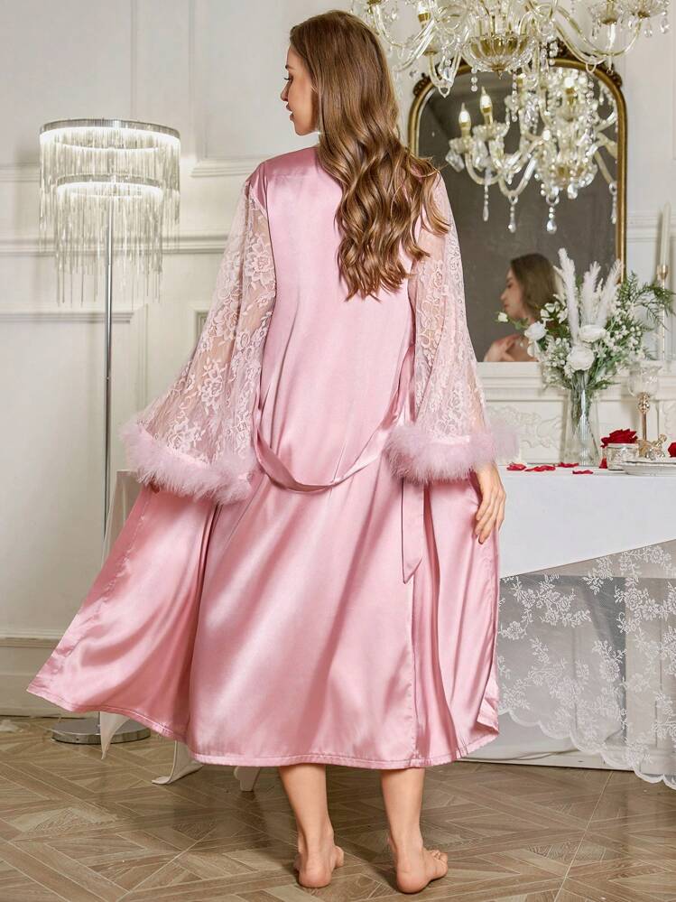 Feather Decor Lace Patchwork Flare Sleeve Satin Belted Robe & Cami Nightgown Set, Luxurious And Elegant Pajamas, Wedding Robe And Nightdress Set, Bridal Robe Sets, Satin Robe Set, Fall Winter Clothes - Pink - View 2