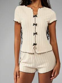 MISSGUIDED Ribbed Knit Lettuce Edge Bow Front Lounge Set With Decorative Bows Retro Style Sleepwear Pajama Set Soft Cozy Loungewear - Apricot - View 4