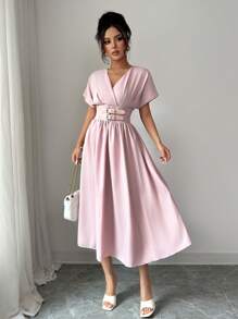 Modelyn Đầm midi tay ngắn cổ chữ V màu trơn thanh lịch cho nữ - Hồng - Xem 6