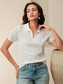 Anewsta Elegant & Dignified V-Neck Floral Hollow-Out Embroidery Knitted T-Shirt Blouse, Spring & Summer - White - View 6