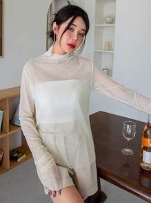 DAZY Cowl Neck Mesh Top Without Tube Top Going Out Tops Sheer Long Sleeve Women Tops,Fall Women Clothes - Beige - View 9