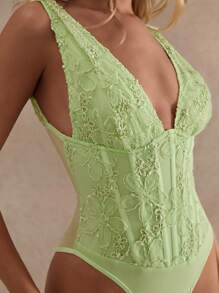 Glamine Women's Elegant 3D Floral Decor Sleeveless Corset  Bodysuit, Summer,Bodysuits For Wome,Summer Outfits For Women,Corset Bodysuit For Women, Lace Bodysuit, Green Bodysuit