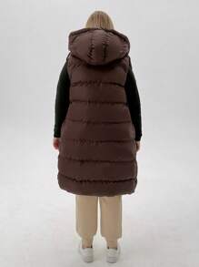 EURMUSE Plus Size Zip Up Drawstring Hooded Puffer Vest Coat, For Winter - Brown - View 2