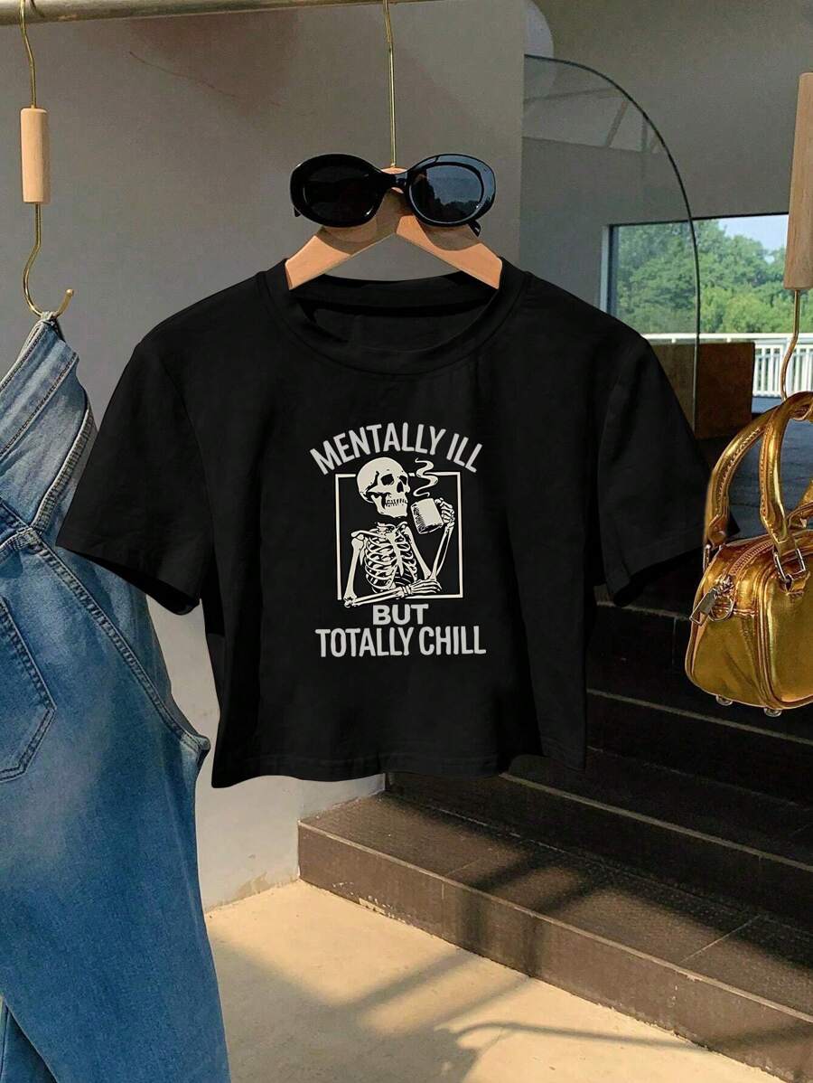 Women's Casual Skull & Letter Print Round Neck Short Sleeve T-Shirt, Summer - Black - View 1