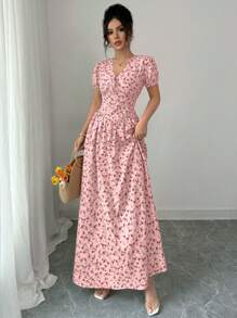 Elenzga Elegant Women's Summer Elegant Elastic Waist Puffed Sleeve Women's Long Dress, Maxi Dress. Dành cho mùa xuân/hè, trang phục hòa nhạc cho nữ, thanh lịch phù hợp để đi làm hàng ngày, lễ hội âm nhạc, trang phục ngày lễ/váy xếp nếp/hoa đồng quê/phong cách đồng quê hoa màu be 03/đồng quê/hoa - Hồng - Xem 4