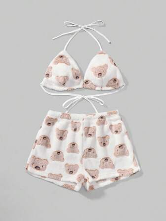 Kawaii Cute Bear Pattern Flannel Drawstring Triangle Cup & Shorts Casual Pajama Set