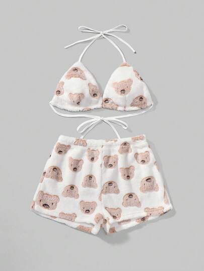 Kawaii Conjunto de pijama informal con taza triangular y pantalones cortos con cordón, con estampado de ositos lindos de franela