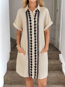 Easowa 波西米亚风夏季海滩度假刺绣贴布宽松衬衫连衣裙 - 卡其色 - 查看 5