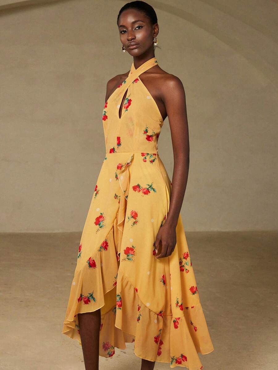 GENKIRA Elegantes und raffiniertes vintage französisches charmantes personalisiertes Urlaubs-Design hochwertiges Chiffon-Romantik-Kleid mit Polka-Punkt- und Blumenprint, Kreuz-Ausschnitt, geraffter Taille, schlanker Passform, Volant-Saum, ärmelloس für Frauen - Gelb - Übersicht 1