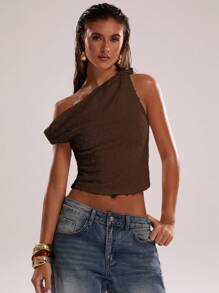 SHEIN BAE Women's Summer Sexy Bohemian Beach Vacation Concert Crochet Asymmetrical Shoulder Knotted Going-Out Tops, Summer,Club Women Sexy,Rave Top - Coffee Brown - View 4
