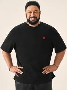 EASEVO Plus Size Men's Loose Fit Red Lip Print Short Sleeve T-Shirt - Black - View 6