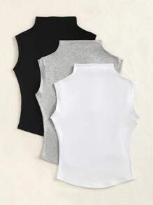 Sweetra 纯色立领修身优雅时尚无袖上衣，夏季 - 彩色 - 查看 2