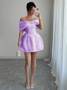 Rafferiza Váy ngắn vải Jacquard cổ nơ trễ vai cho nữ, Xuân/Hè - Màu tím - Xem 3