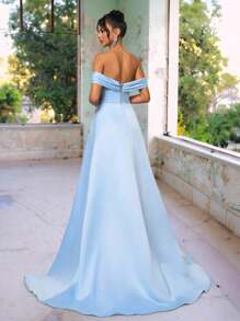 Glamrae 优雅、浪漫、奢华、端庄、蓝色缎面单肩束腰褶皱拖尾长裙、A 字裙，适合生日派对、约会、婚礼、正式晚会、晚会 - 淺藍色 - 查看 3