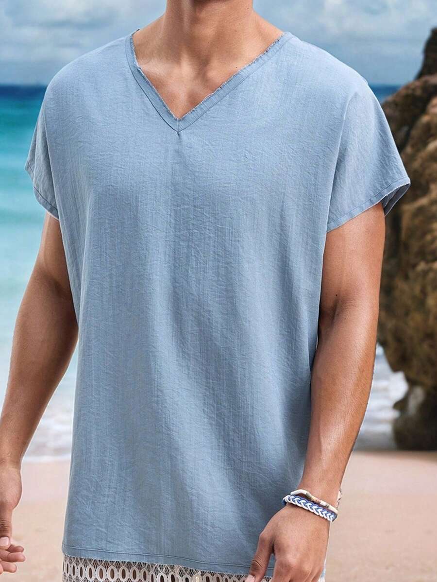Manfinity VCAY Top sin mangas de cuello en V de color azul sólido, de moda para el verano