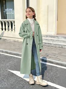 SHEIN Tween 女童宽松双排扣翻领长款风衣，休闲军装风格，适合通勤和户外穿着 - 薄荷綠 - 查看 5