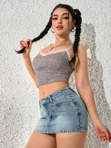 SHEIN PETITE Women's Casual Washed Denim Mini Skirt Y2k - Blue - View 3