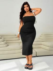 Solflare 2pcs/Set High Stretch Black + Gray Ruched Waist Slit Dress, Plus Size, Spring/Summer Rave Vacation Sexy Western - Multicolor - View 5