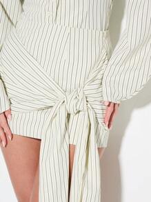 KIZN 细条纹迷你裙办公室专业侧蝴蝶结长袖优雅灯笼袖商务正式春秋季晚会