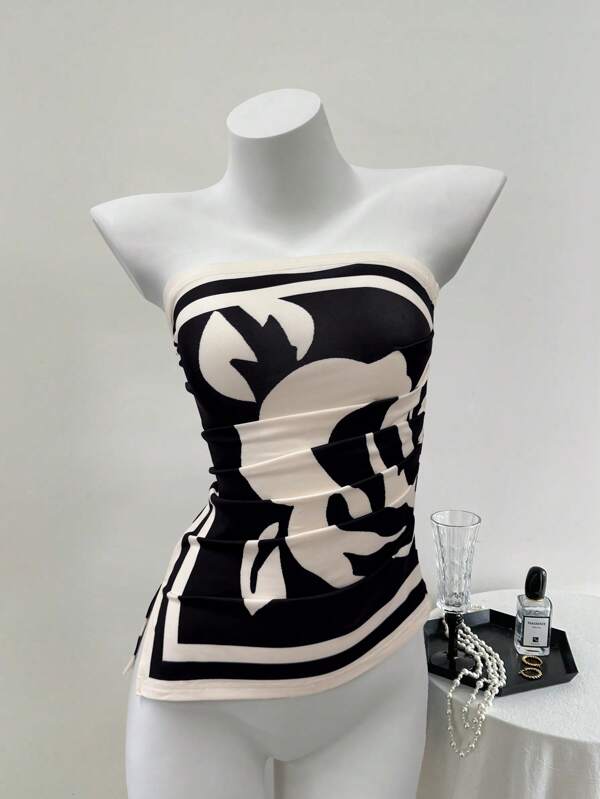 INAWLY Women Vacation Floral Contrast Color Ruched Bandeau Top