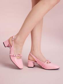 CUCCOO DOLLMOD 方头粗跟粉色蝴蝶结时尚女士高跟鞋 - 粉色 - 查看 3