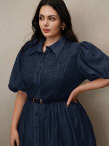 Anewsta Lace Patchwork Puff Sleeve Shirt Collar Elegant Maxi Dress For Women - Navy Blue - View 6