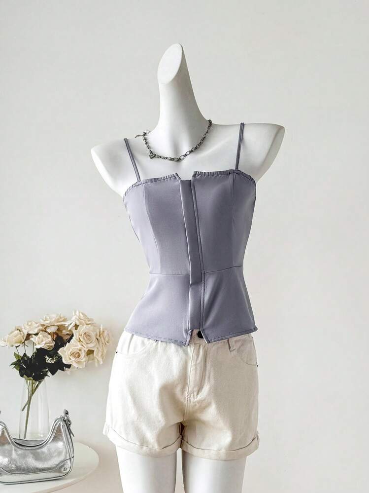 INAWLY Atasan Wanita Polos Minimalis dengan Tali Bahu Tipis dan Leher V, Model Bodycon dengan Resleting - Grey - View 3