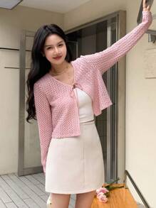 DAZY 纯色系带前短款上衣 长袖 女式上衣 - 粉色 - 查看 6