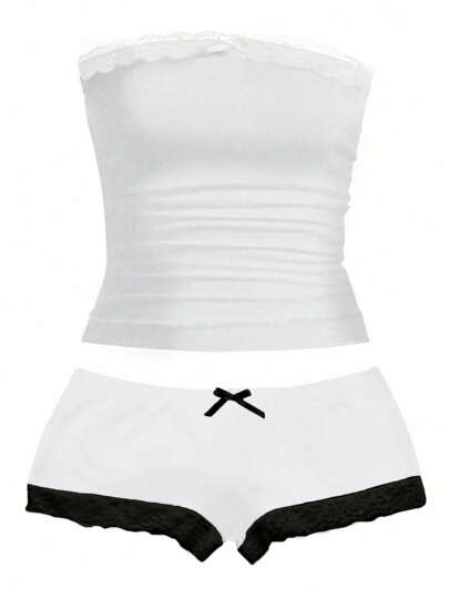 Zyxie 2pcs/Set Lace Patchwork Ruched Bandeau Top And Contrast Color Shorts