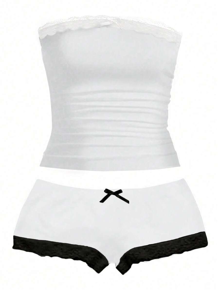 Zyxie 2 chiếc/bộ áo ren chắp vá xếp nếp bandeau và quần short màu tương phản - trắng - Xem 1