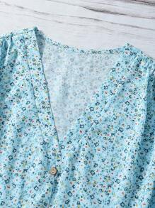 SHEIN Clasi Áo kiểu nữ mùa hè họa tiết hoa nhí cổ chữ V bèo nhún tay áo - Màu xanh nhạt - Xem 3