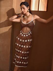 MOTF PREMIUM FLORAL PATTERN CUTOUT TIE BACKLESS CROCHET COVER UP SLIP DRESS FOR SUMMER BEACH VACATION - Multicolor - View 6