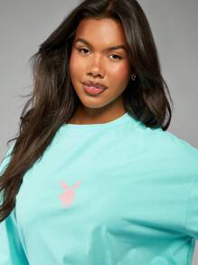 Missguided x Playboy Weekend Casual Graphic Print Oversized T-Shirt Summer Lounge Wear Streetwear Comfort Top - Blue - View 5