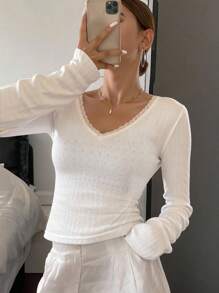 Livesso Women's Contrast Lace V-Neck Long Sleeve Fitted Fashionable T-Shirt,Fall Clothes - White - View 1
